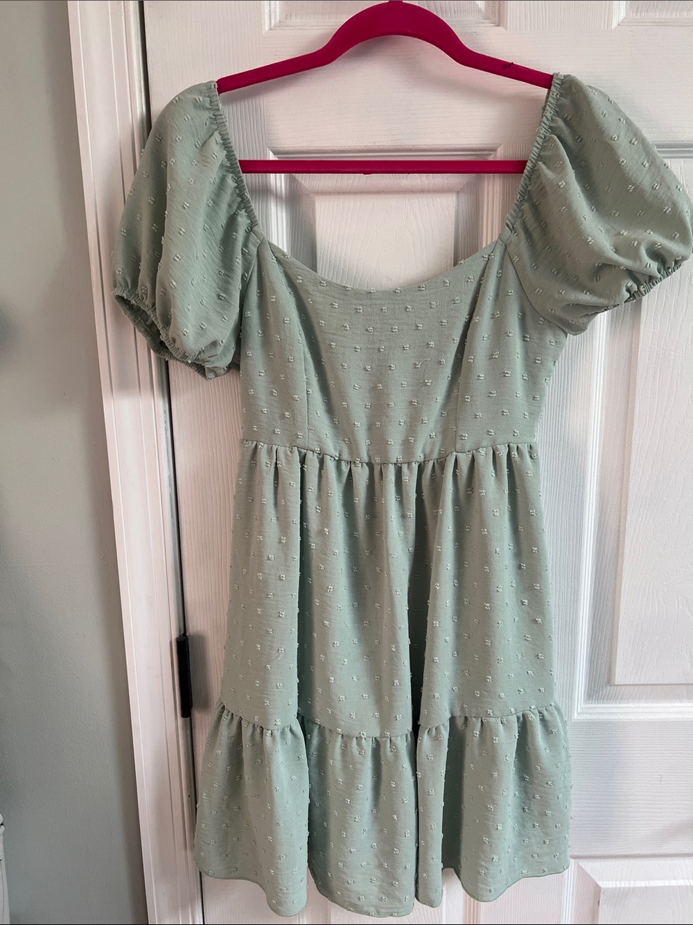 Altar'd State Sage Puff-Sleeve Tiered Mini Dress - Soft Sage Green